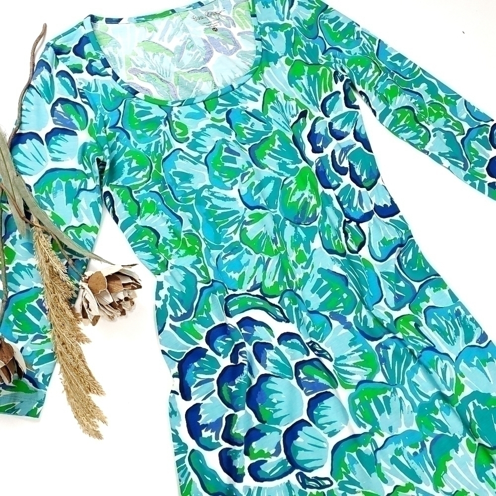 New Lilly Pulitzer 100% Pima Cotton Blue Green White Floral Dress Sz M - Picture 2 of 16